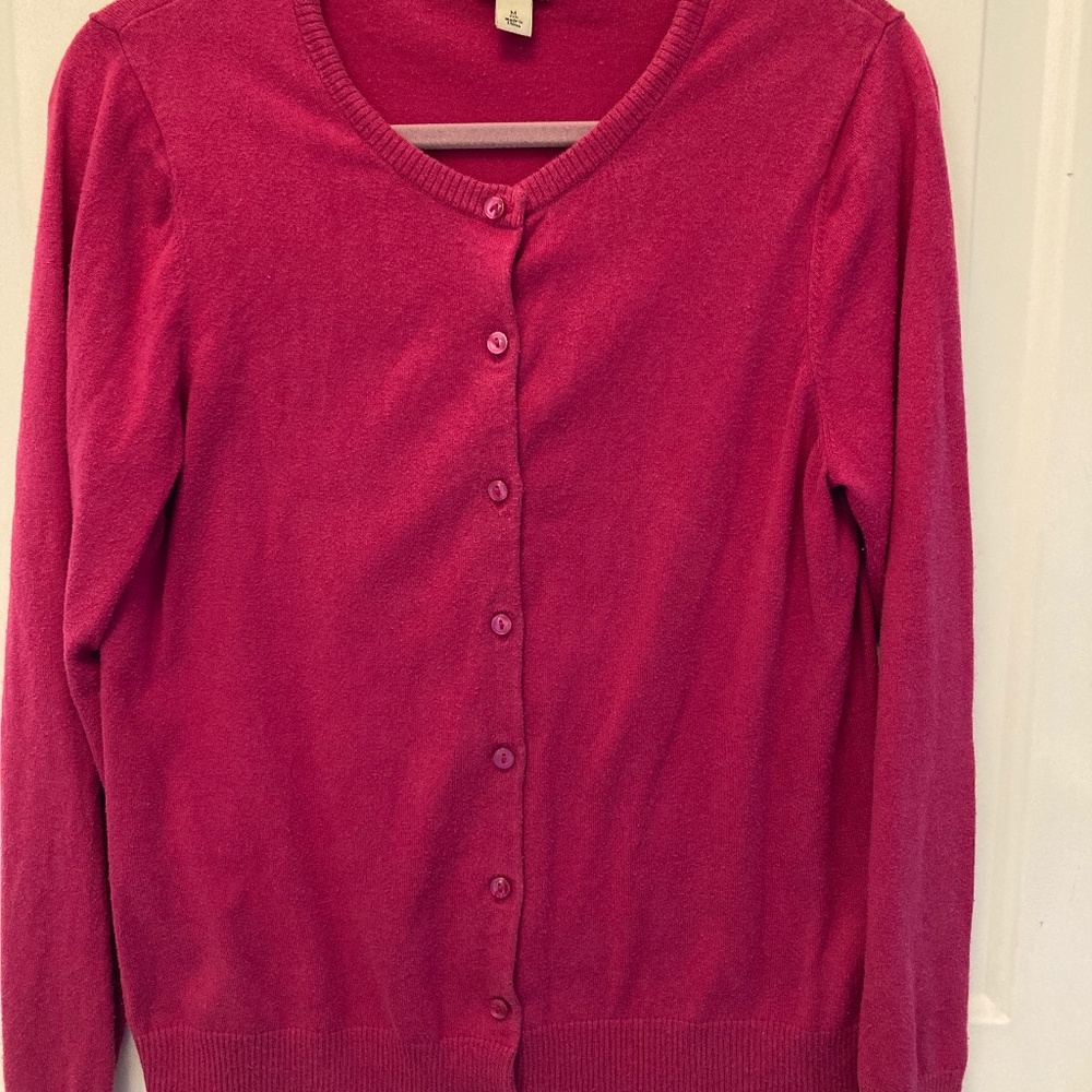 LL Bean pink magenta button down Crew neck cardigan sweater